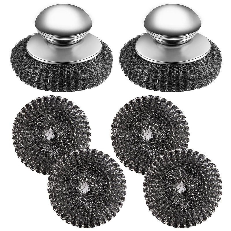 Ahardaim 2Pcs Stainless Steel Wool Scrubber with Handle, 4 Replacement Steel Scrubber Wool Pads，Stainless Steel Scrubber for Cleaning Cast Iron, Dishes, Kitchen Pots, Pans, Grills, Stoves, Sink - Image 1